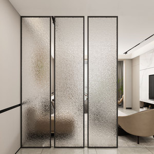 定做现代简约设计不锈钢水纹玻璃屏风客厅黑色铁艺框架长虹需安装