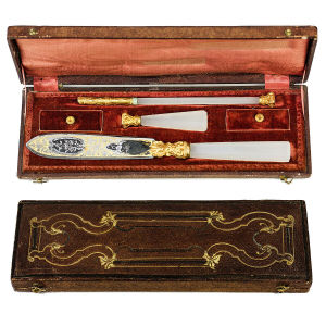 代购古董法国1770-1830作家乳白色钢笔火漆印章拆信刀盒子套装