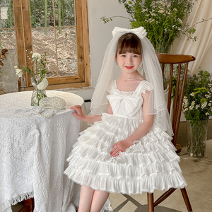女小童洛丽塔公主裙夏季新款女宝宝高端白色花童礼服裙蓬蓬蛋糕裙