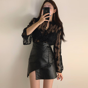 黑色蕾丝透视衫女2021秋冬韩版修身百搭七分袖性感网纱上衣外穿