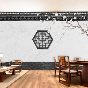 3d中式旧建筑屋檐墙纸徽派外墙背景墙饭店火锅店装修壁画茶室壁纸