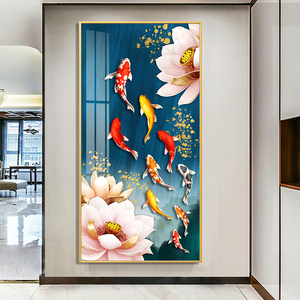 九鱼图晶瓷画新中式玄关装饰画走廊玄幻轻奢挂画现代简约鲤鱼荷花