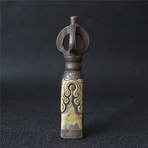 西藏精工复古做旧寒铁五股金刚杵印章摆件藏式民族风手工仿老印章