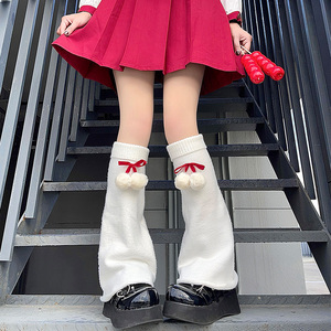 新年红毛球针织阔腿堆堆腿套秋冬亚文化圣诞可爱lolita小腿袜套白