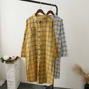 ame 夏装 韩版女装格纹格子翻领长袖衬衫防晒加长衬衣chic风2018