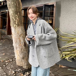 双面羊绒大衣灰色西装式女冬季韩版宽松短款小个子羊毛呢外套流行