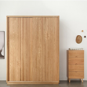 全实木橡木推拉滑移门衣柜日式简约现代收纳衣橱卧室家具原木组装