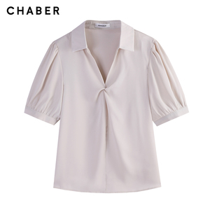 chaber巧帛夏季新品翻V领短袖上衣直筒垂感褶皱扭结纯色女士衬衫