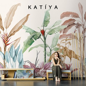 Katiya东南亚热带棕榈树卧室墙布电视背景墙壁纸法式定制壁画沙发