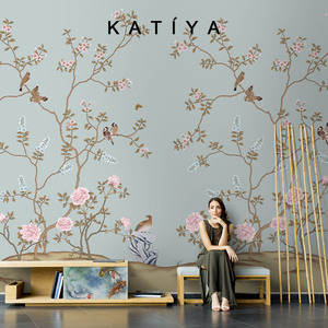 Katiya美式法式小花墙布电视背景墙壁纸简约花鸟中式定制壁画现代