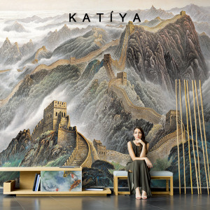 katiya中式万里长城壁纸宏伟背景墙酒店壁画3d立体民宿墙布工装8d