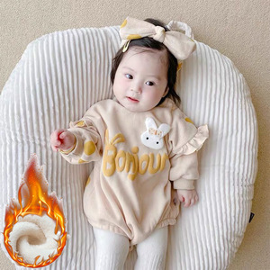 韩版装女宝宝秋冬款加绒包屁衣婴儿可爱兔子连体衣外出哈衣睡衣
