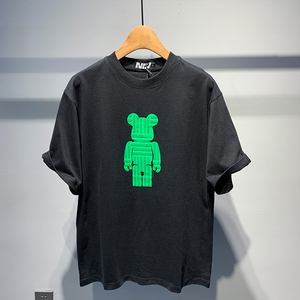 mcc homme爆裂熊绣花夏季落肩中袖t恤衫男时尚休闲帅气短袖上衣潮