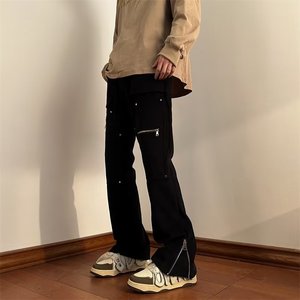 欧美高街vibe风裤子男小众设计感微喇工装机能口袋拉链炸街牛仔裤
