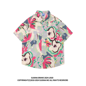 51嘻哈设计感油画满印沙滩衬衣男女美式vintage宽松夏季短袖衬衫
