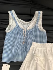 辣妹蕾丝边假两件蓝色格子吊带背心女夏季新款设计感拼接无袖上衣