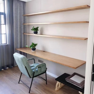 定制实木书桌书架组合悬空长条电脑桌壁挂一字板学习桌挂墙置物架