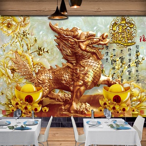 金色招财貔貅壁画收银台背景墙纸饭店餐馆定制墙布画玄关风水画布