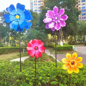风车装饰花园庭院别墅小区园林户外铁艺双面彩色花朵旋转造景摆件