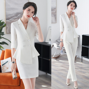 韩国高端职业套装女2024夏季薄款时尚气质显瘦白色西装套裙两件套