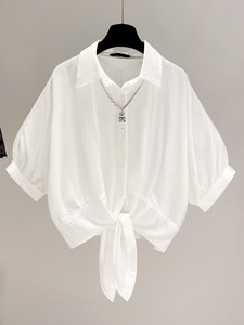 2022夏季新款韩版时尚设计感下摆系带收腰白色衬衣外套女短款上衣