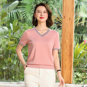 丝衣菲919877 正品2022夏季新品v领短袖天丝针织衫大码气质毛衣女