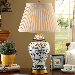 圣玛全铜冰裂陶瓷美式台灯蓝色青花瓷床头灯卧室客厅手绘复古桌灯