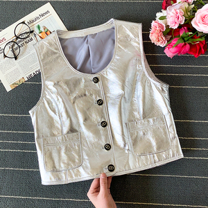 时髦 真皮银色亮面马甲女短款皮背心百搭叠穿时尚皮坎肩上衣新款