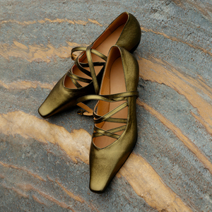 中古系列高端线 复古棕色小方头交叉绑带罗马鞋金绿色坡跟单鞋女