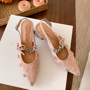 法式仙女鞋绝美钉珠金属链条粉色粗跟高跟尖头包头凉鞋女真皮单鞋