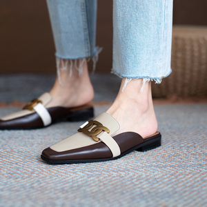 时尚金属扣包头凉拖鞋外穿凉鞋女低跟真皮百搭休闲半拖鞋穆勒鞋女
