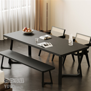 黑色全实木餐桌美式家用侘寂风书桌长方形大板桌现代简约餐厅饭桌