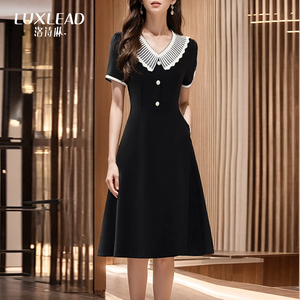 洛诗琳黑色系列2024夏装新款气质精致收腰显瘦娃娃领短袖连衣裙
