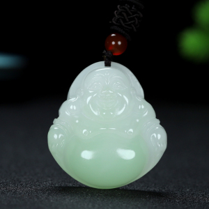 新疆和田玉白玉飘翠笑佛挂件天然玉石弥勒佛吊坠飘翠山料项链玉坠