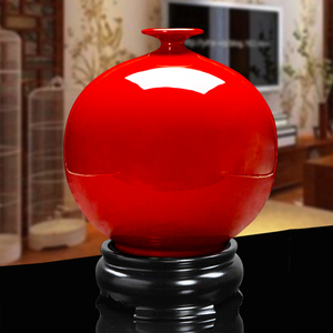 德化中国红瓷器花瓶天地方圆摆件红色瓶子客厅办公室陶瓷手工艺品