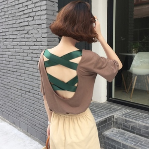 夏装韩版后背绑带露背短袖t恤女学生百搭宽松小心机半袖漏背上衣