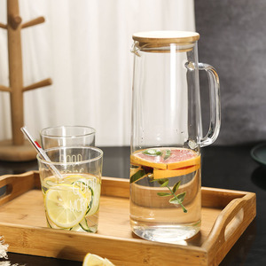 家用凉水壶高硼硅玻璃冷水壶 大容量茶壶 透明凉白开水壶套装竹盖