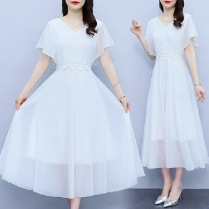 白色雪纺仙女连衣裙夏天新款法式荷叶边气质遮肚显瘦大摆沙滩长裙