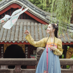 宛儿2019新款夏汉服齐胸襦裙女正品原创大摆秋香色套装超仙淡雅俏