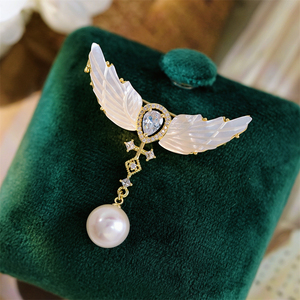 DIY珍珠配件 天使的翅膀贝壳胸针宫廷复古流苏胸花半成品金色银色
