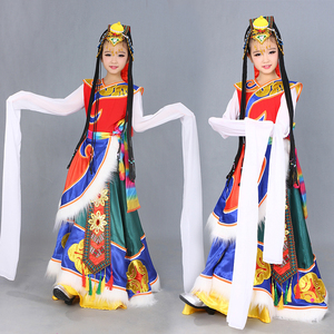 新款藏族舞蹈演出服儿童成人藏族水袖藏服蒙古民族表演服装女藏袍
