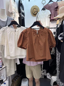 韩国东大门夏装新款韩版圆领泡泡袖设计感衬衫后背小心机短袖上衣