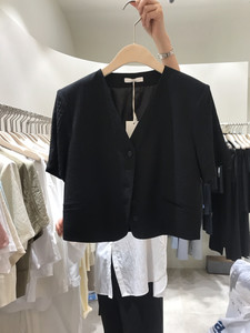 韩国东大门夏装新款时尚气质v领纯色上衣百搭短袖西装短款外套女