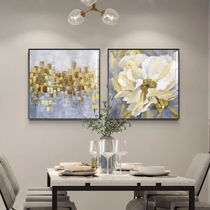 美式餐厅装饰画客厅背景墙轻奢挂画样板房间抽象牡丹花高级感油壁