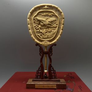 桧木雕刻居家客厅办公室装饰摆件精致中式古典双面雕宫廷扇工艺品