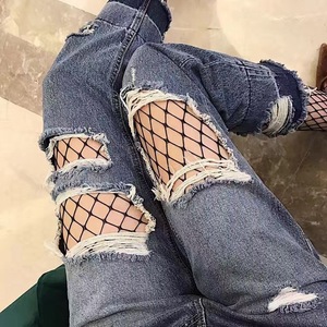 欧美原宿风破洞牛仔裤性感黑色大网格袜镂空丝袜渔网袜连裤袜韩国