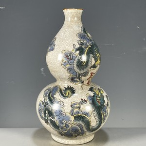 瓷器用品老货收藏品老物件大清乾隆年制开片五彩龙纹葫芦赏瓶