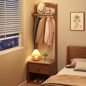 实木衣帽架落地床头柜一体组合家用卧室多功能置物架小户型挂衣架