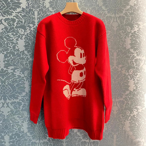 miu家红色长袖毛衣 卡通刺绣长款套头针织上衣慵懒风甜美羊毛衫秋