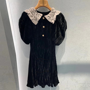 miu家黑色丝绒连衣裙蕾丝娃娃领修身a字裙名媛泡泡袖裙子秋冬新款